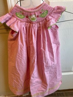 Smocked Pink Tea Time Dress with Green Embroidery